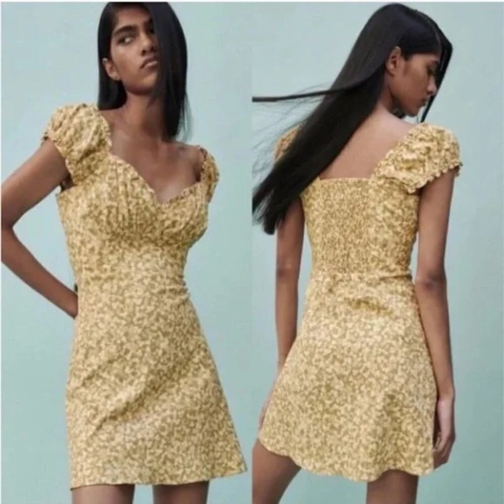 Zara Yellow Ditsy Floral Mini Dress Size Small